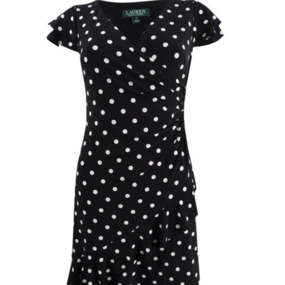 Polkadotted Fit & Flair Dress w/Faux Wrap Styling